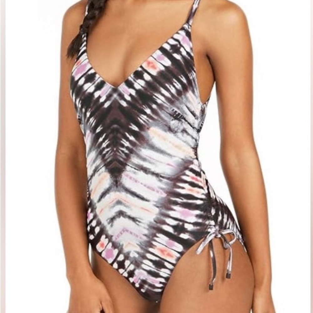 Bar III Black and Pink One Piece Swimsuit with Artistic Design